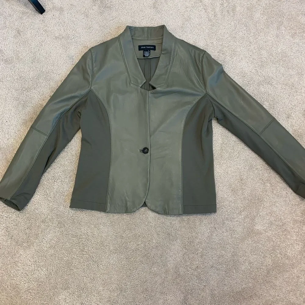 Pink Tartan olive green leather jacket Sz L